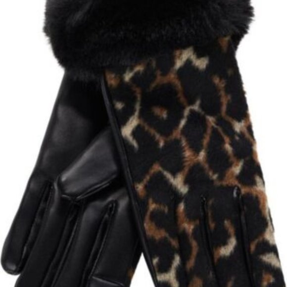 NWT COLLECTION 18 FAUX FUR CUFF LEOPARD GLOVES WITH TECH TOUCH NATURAL SMALL - Picture 1 of 6